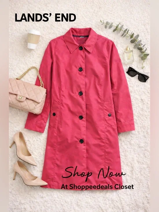 Lands’ End Fuchsia Pink Trench Coat Women’s Classic Button Front Fully Lined - Picture 1 of 13